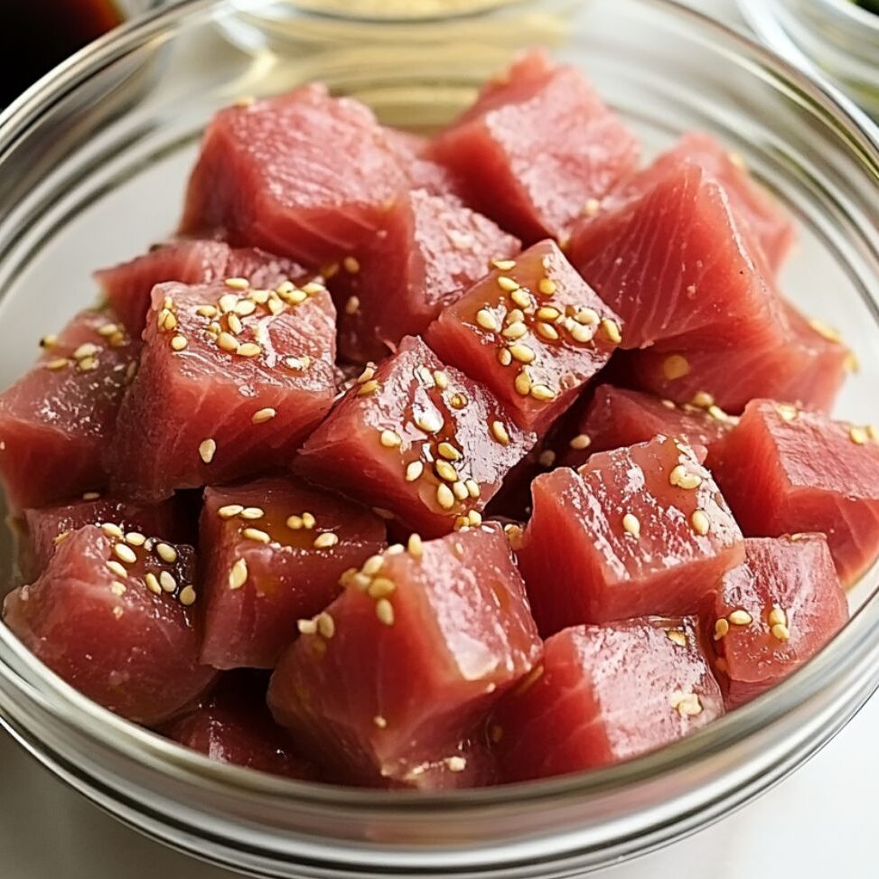 Marinating sushi-grade tuna in a glass bowl on a white marble kitchen counter