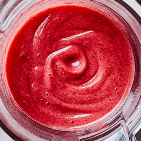 Blending the berry smoothie ingredients in a glass blender on a clean white marble kitchen counter.