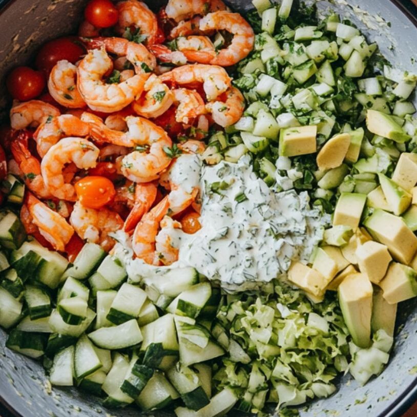 Mixing shrimp salad ingredients in a large bowl with creamy dressing.