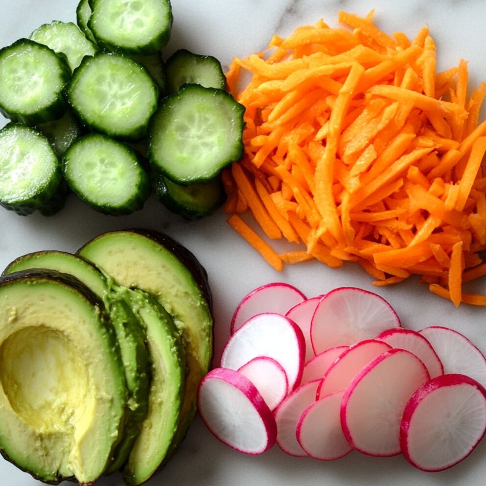 Preparing fresh toppings for tuna poke bowl on a white marble kitchen counter.
