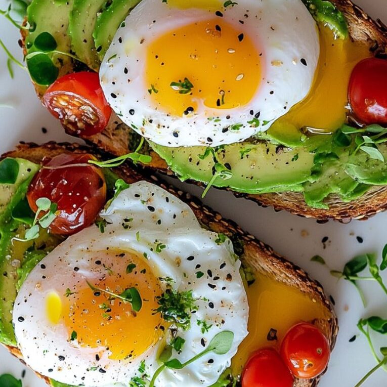 Avocado toast topped with poached egg, tomatoes, and microgreens.