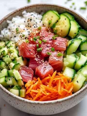 Homemade tuna poke bowl with fresh ingredients on a clean white marble kitchen counter.