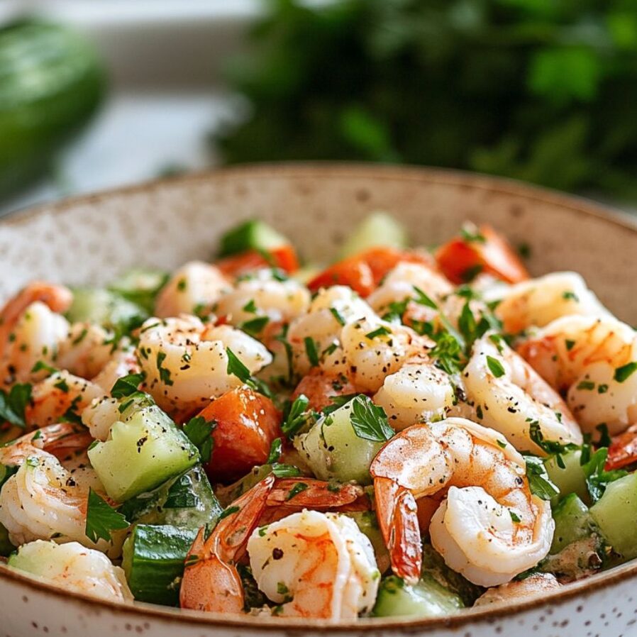 Shrimp salad chilling in the fridge, ready to be served.