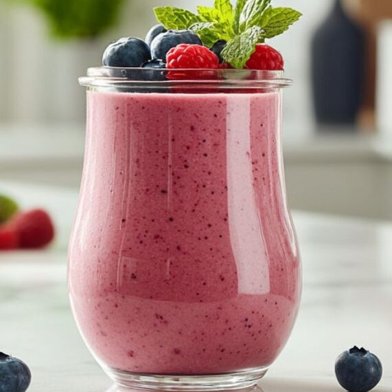 Serving a fresh berry smoothie in a glass jar with berries and mint garnish on a clean white marble kitchen counter.