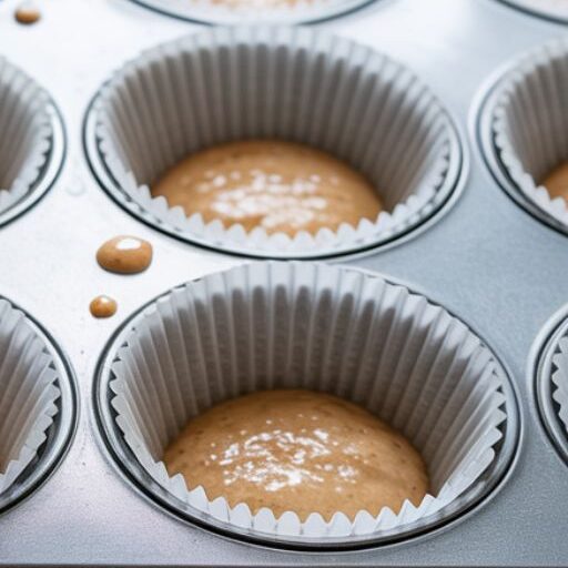 Muffin batter being scooped into a lined tin