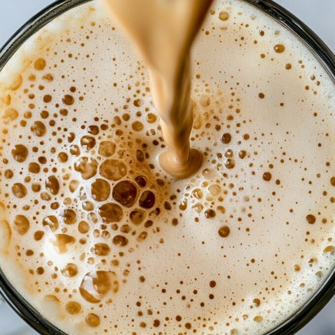 Pouring steamed milk and foam into a mocha latte in a white mug on a white marble countertop.