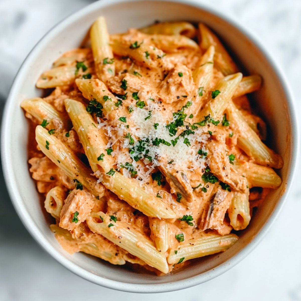 Creamy tuna pasta recipe in a white bowl on a marble counter