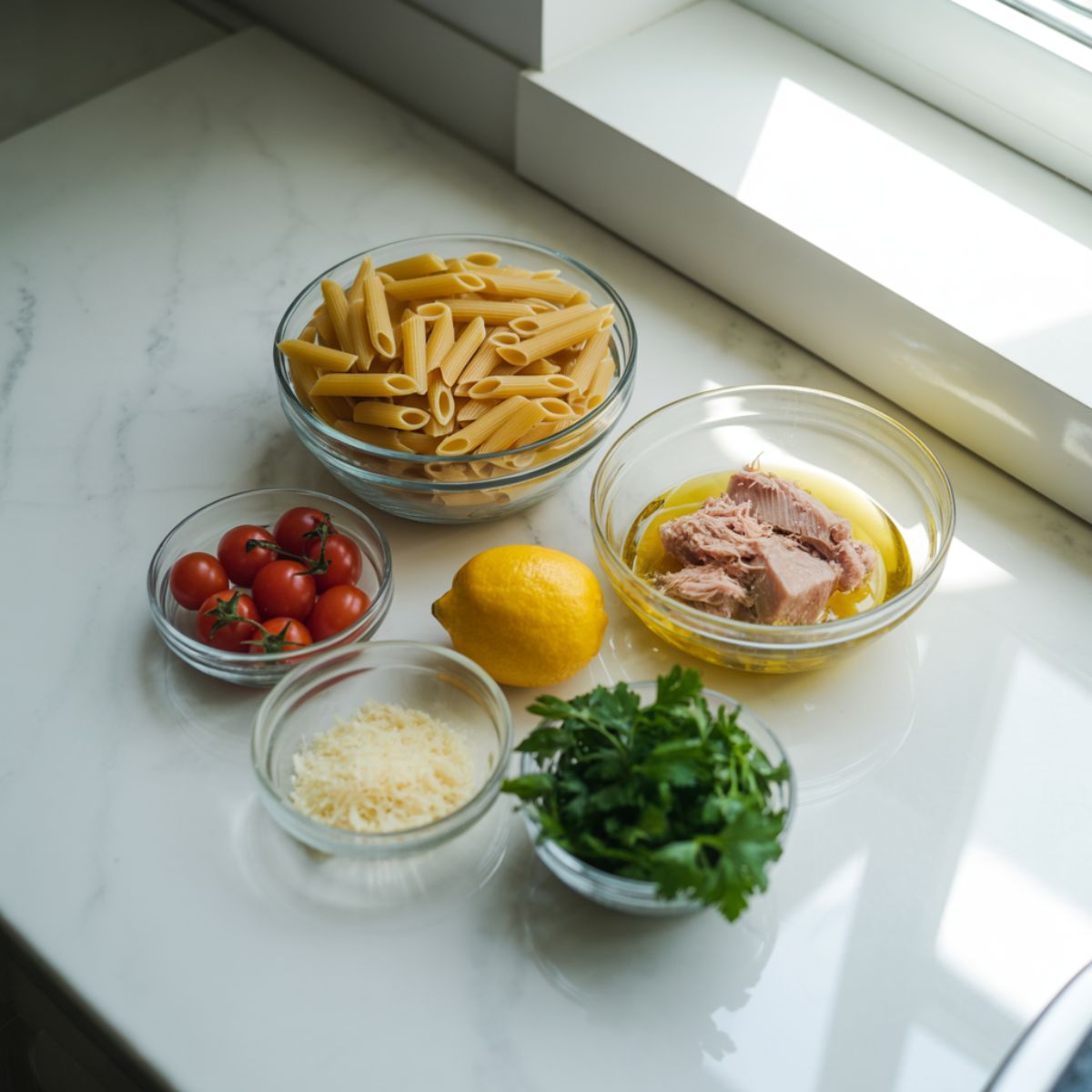 Overhead shot of tuna pasta recipe ingredients on a white counter