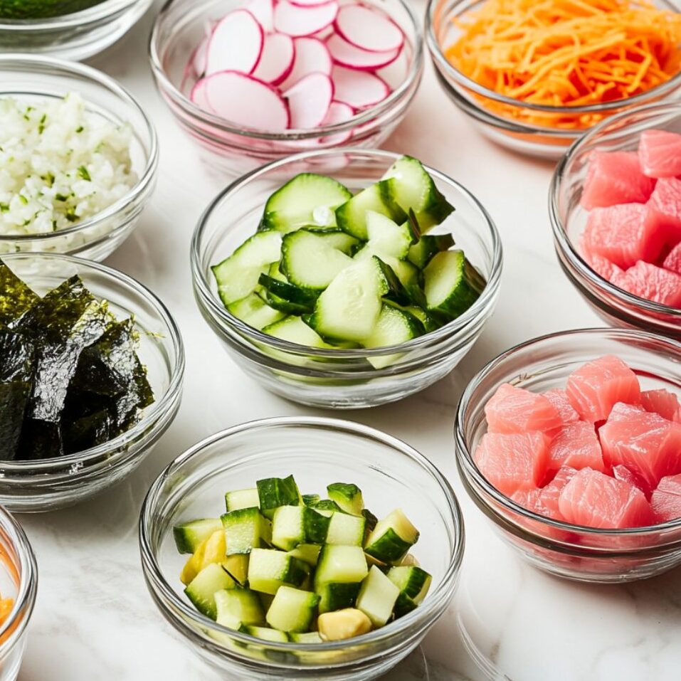 Ingredients for tuna poke bowl recipe arranged neatly on a white marble kitchen counter.