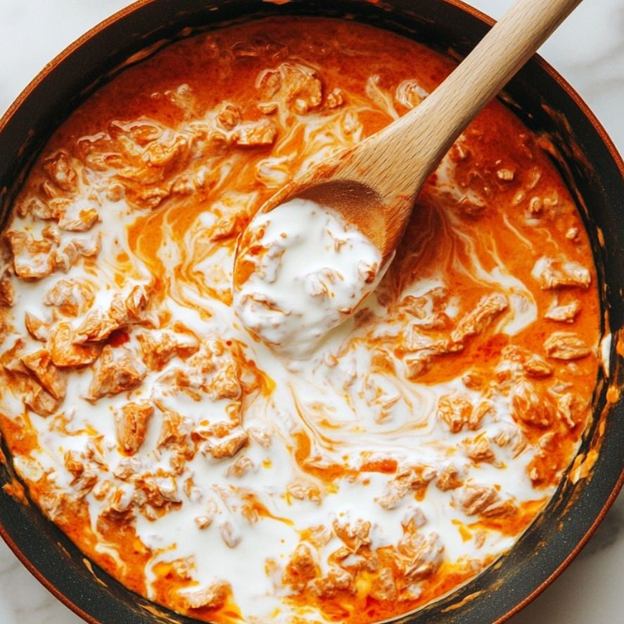 Tuna and cream stirred into tomato sauce in a pan