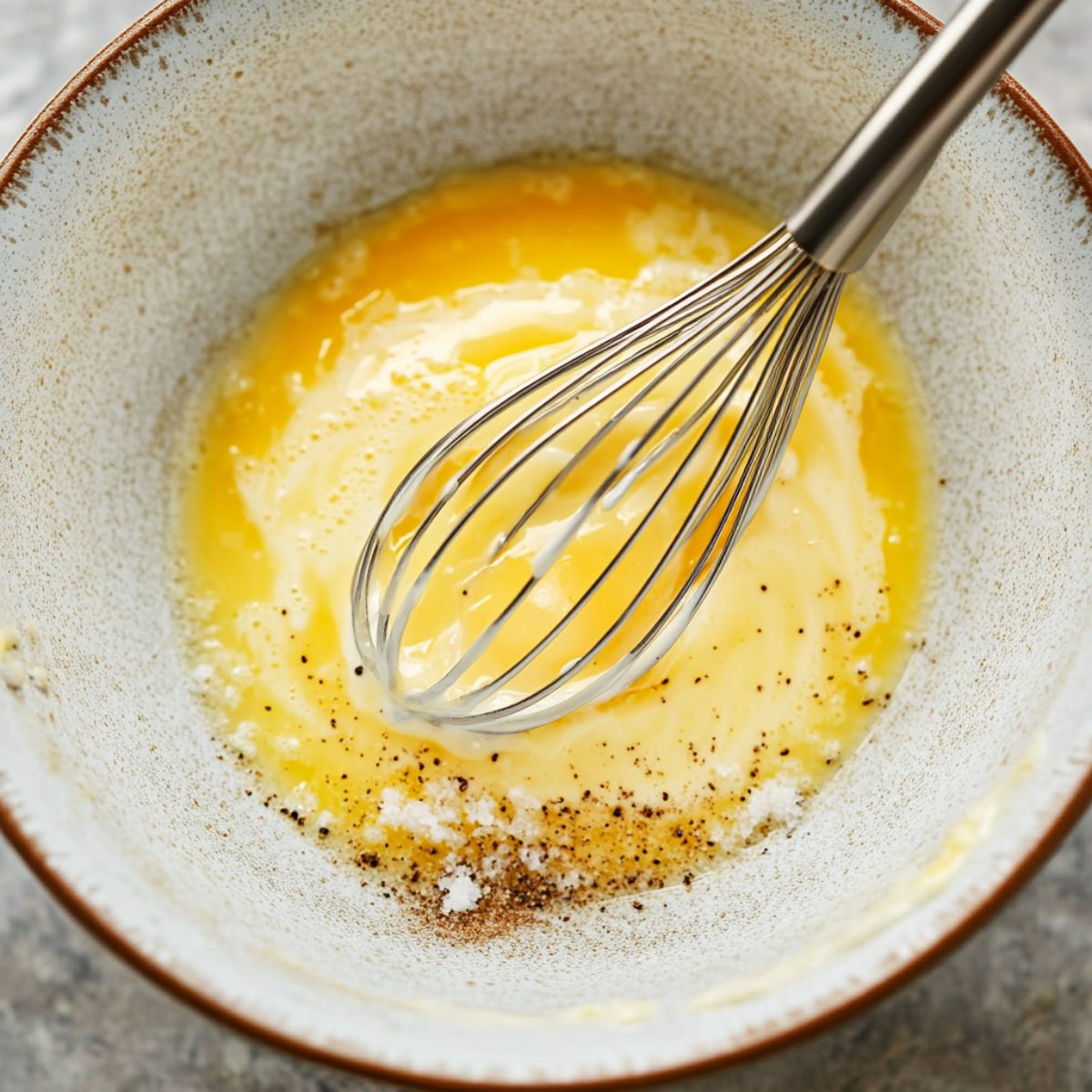 Top-down view of beaten eggs with water and seasoning in a clear glass bowl, ready for an omelette.