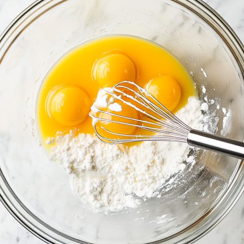 Whisking egg yolks and sugar in a glass bowl