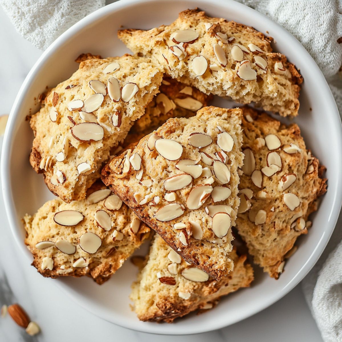 Freshly baked almond scones recipe on a white marble counter with sliced almonds on top
