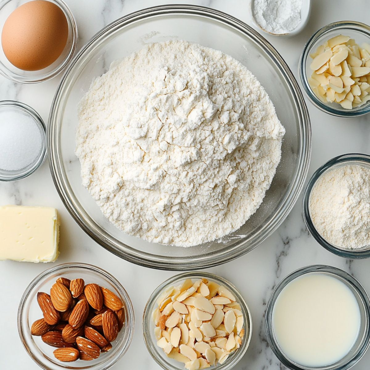 Ingredients for almond scones recipe measured out in glass bowls on a white marble countertop