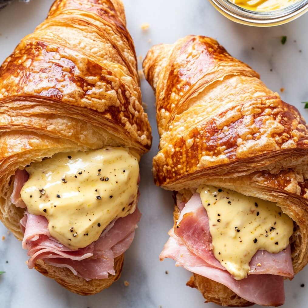 Sliced croissants on parchment-lined baking sheet ready for filling