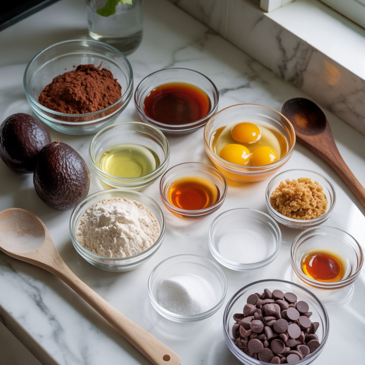 All ingredients for avocado brownies recipe laid out in clear glass bowls on a white marble counter
