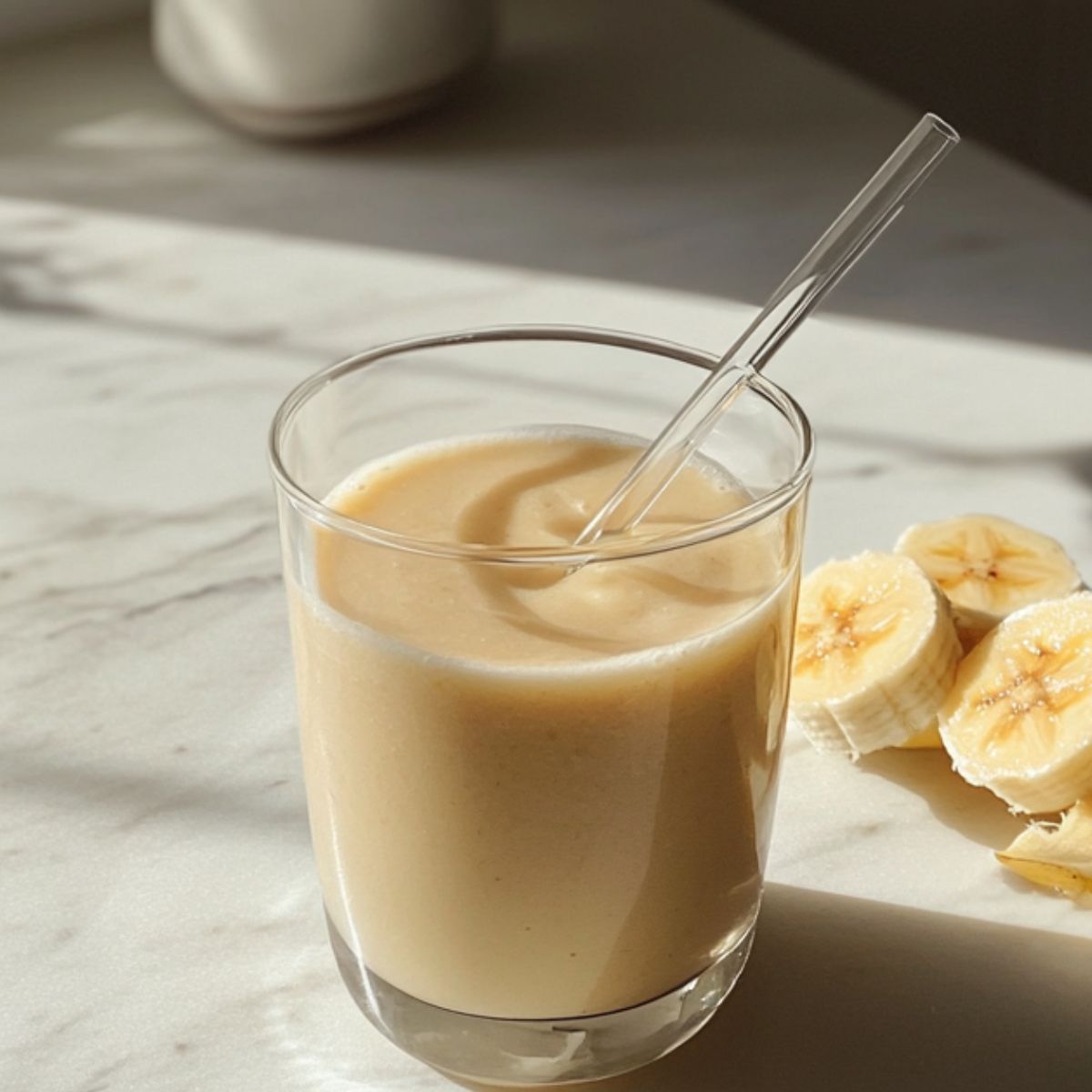 Banana smoothie recipe served in a glass on a white marble counter