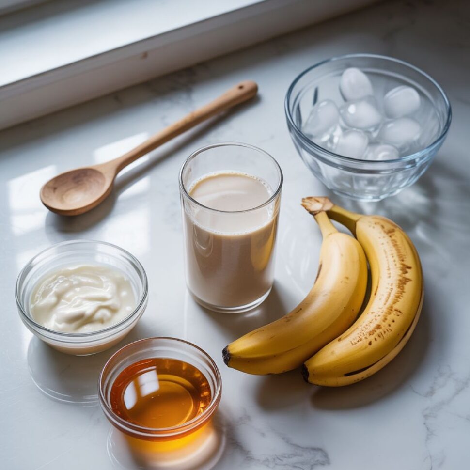 Ingredients laid out for making a banana smoothie recipe on a white marble counter