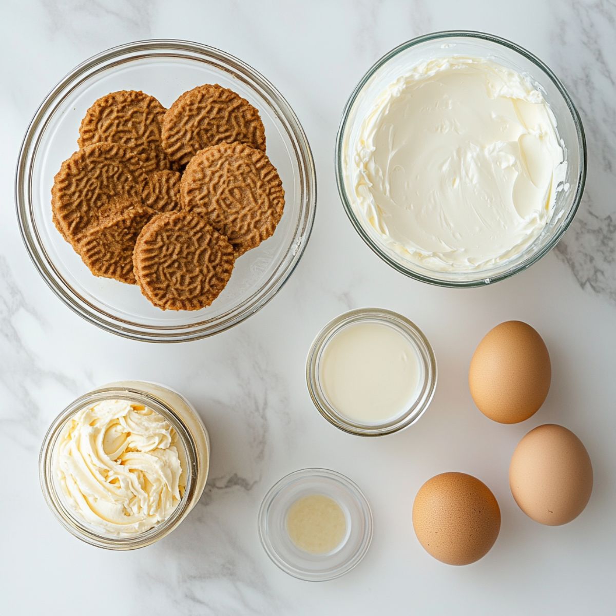 Ingredients for Biscoff cheesecake recipe including cream cheese, Biscoff spread, cookies, and vanilla on a white marble surface.