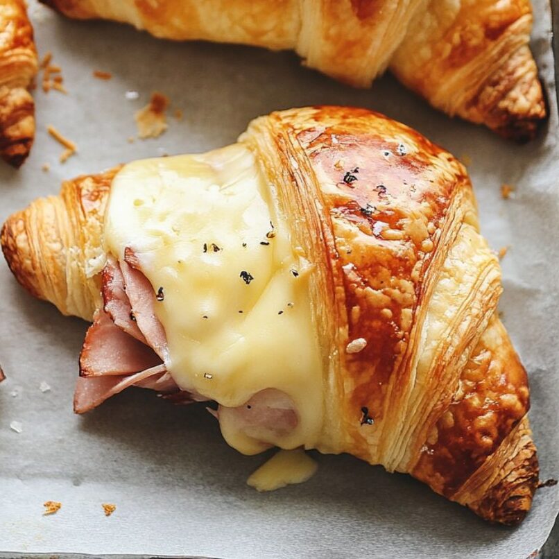 Ham and Swiss croissants brushed with butter, ready to bake