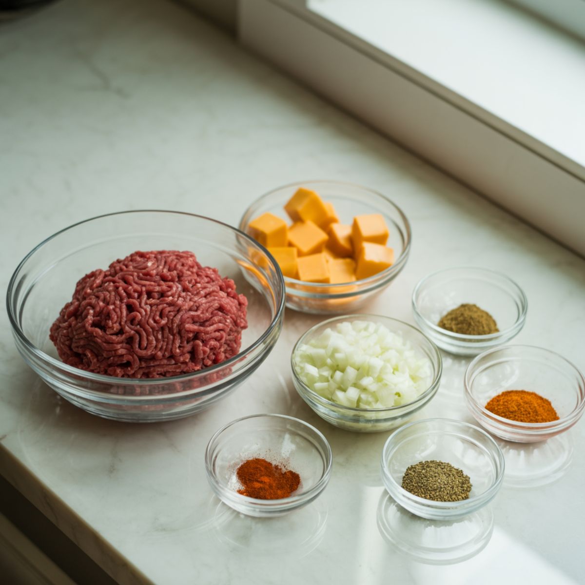 Overhead view of ingredients for cheeseburger bombs recipe on a white kitchen counter.

