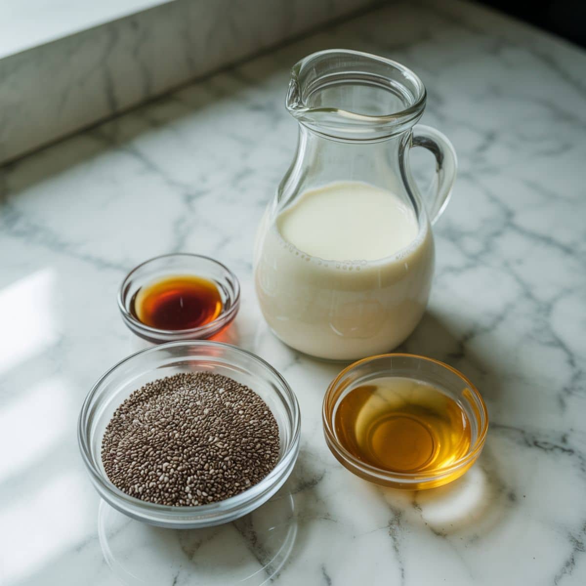 Flat lay of chia pudding recipe ingredients including chia seeds, almond milk, honey, and vanilla extract on a marble surface