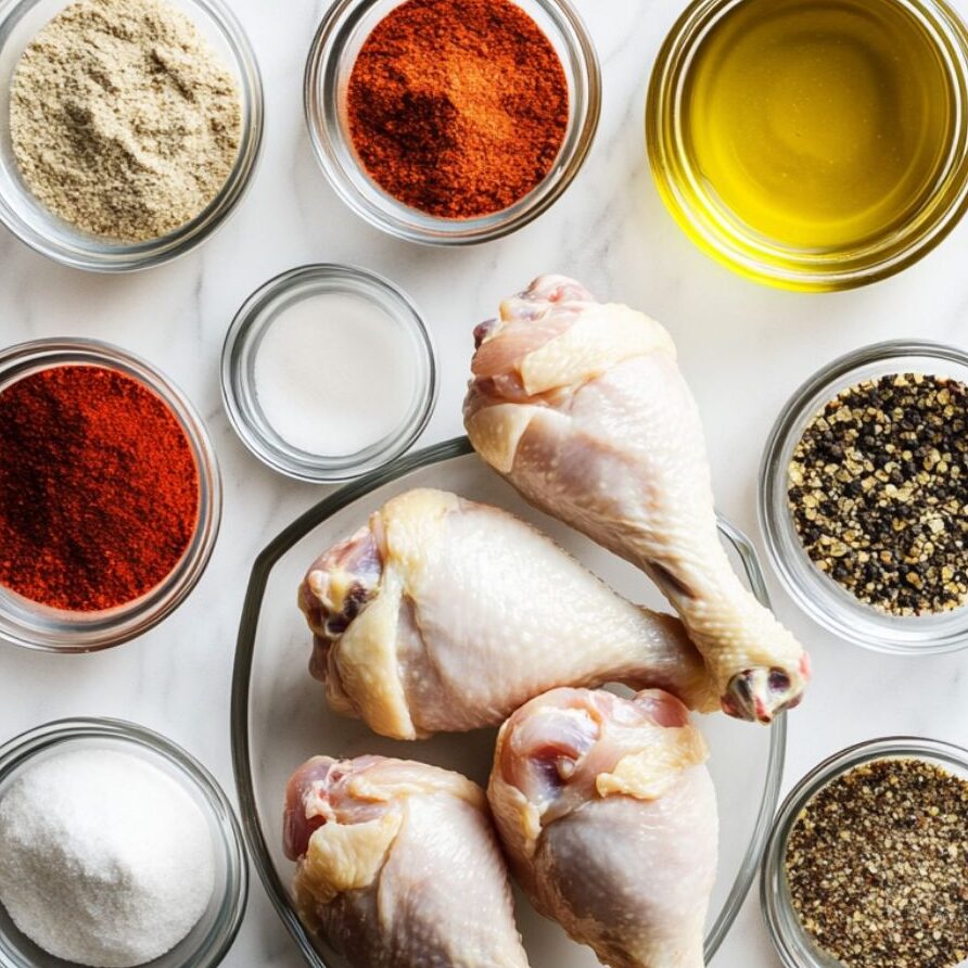 Ingredients for chicken drumsticks recipe including paprika, garlic powder, brown sugar, and more, arranged on a white marble counter.