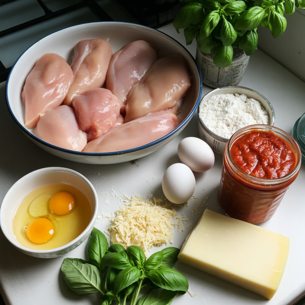Ingredients laid out for chicken parmesan recipe.including chicken breasts, breadcrumbs, eggs, cheese, and marinara sauce