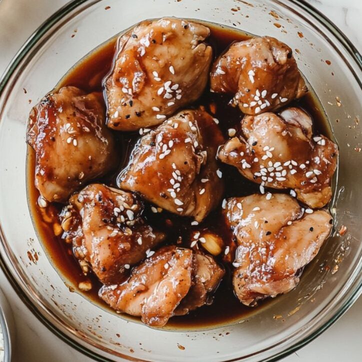 Marinating chicken with soy sauce, garlic, and ginger beside uncooked jasmine rice