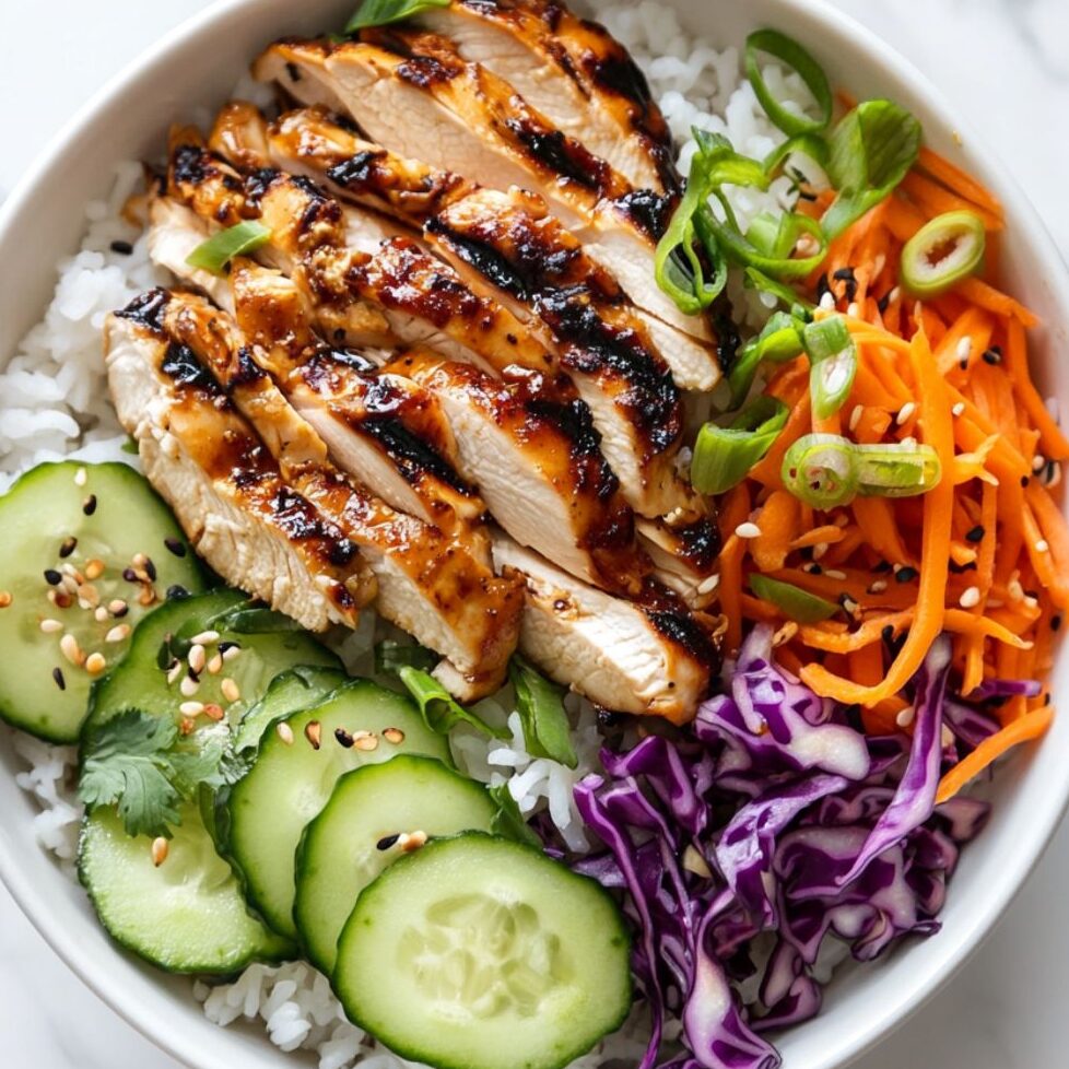 Assembling the chicken rice bowl with rice, chicken, and colorful vegetables