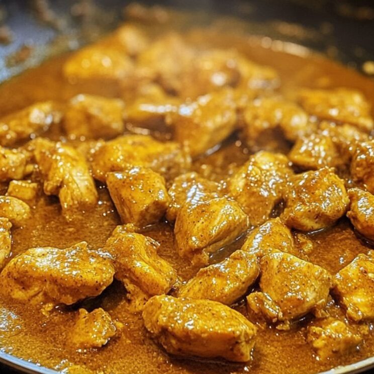 Simmering chicken in curry sauce to finish the dish