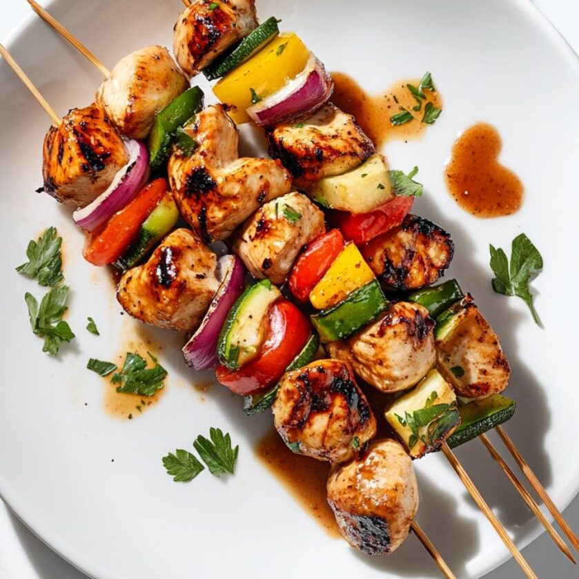 Home cook assembling skewers with chicken and vegetables