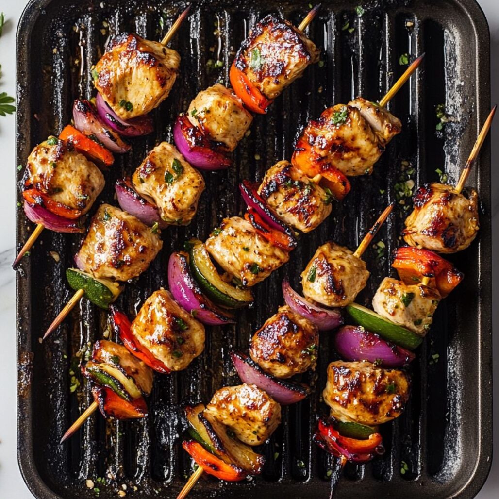 Chicken skewers cooking on a stovetop grill pan