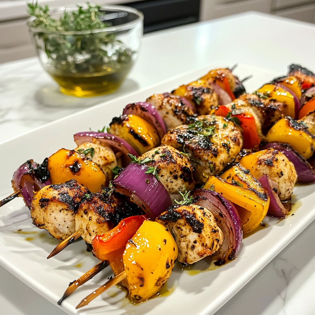  Juicy grilled chicken skewers recipe with vegetables served on a white plate

