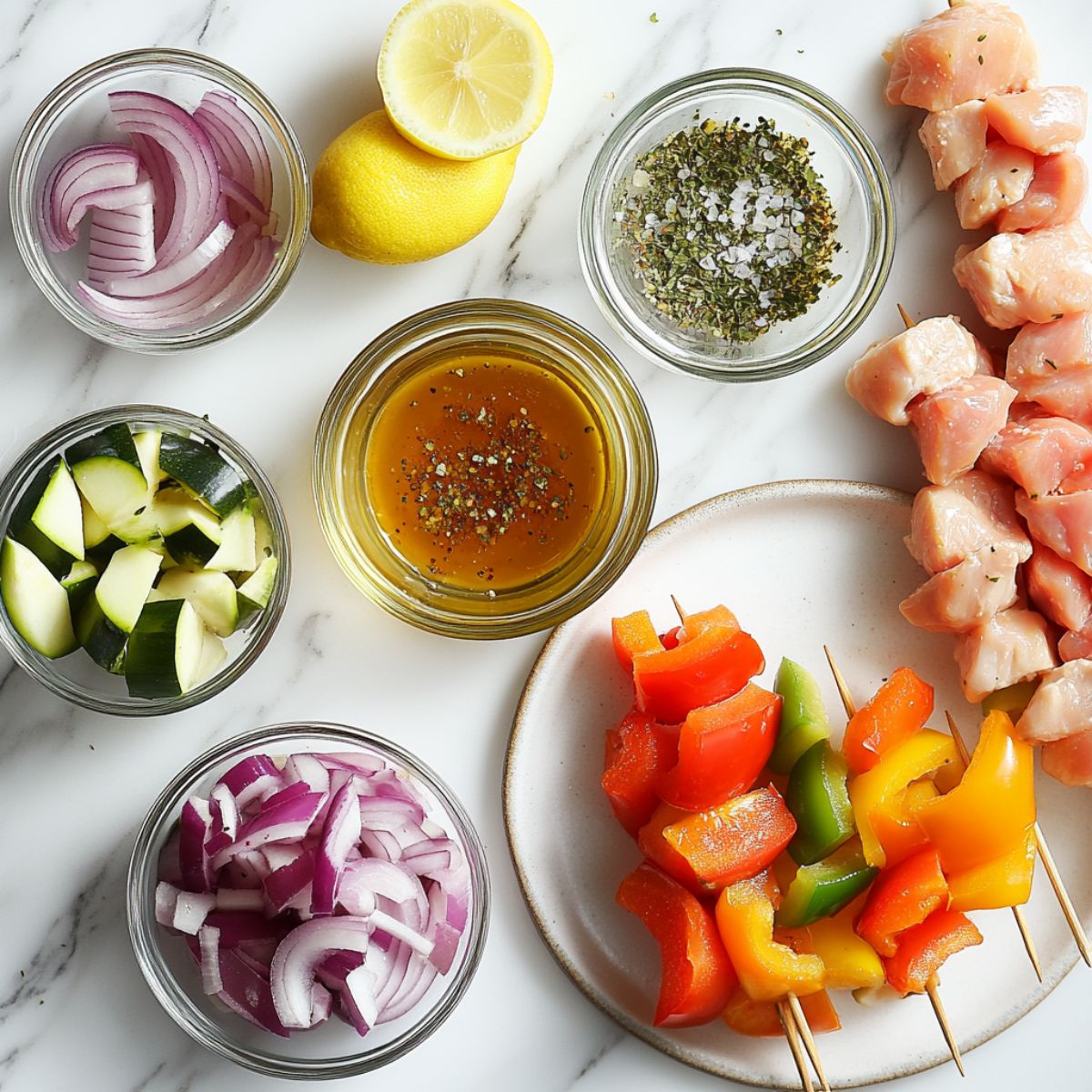  Raw chicken, chopped vegetables, and marinade ingredients prepared on a marble counter

