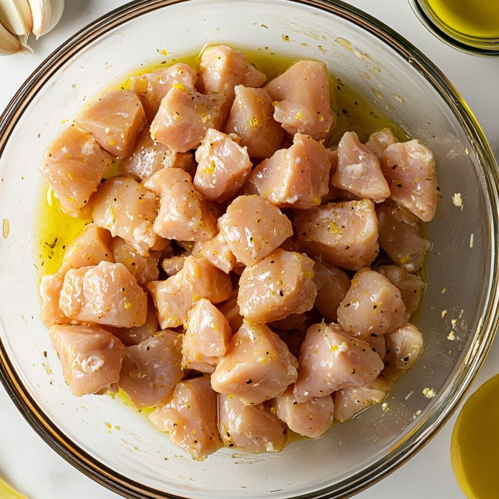 Chicken cubes soaking in marinade in a glass bowl on a marble counter