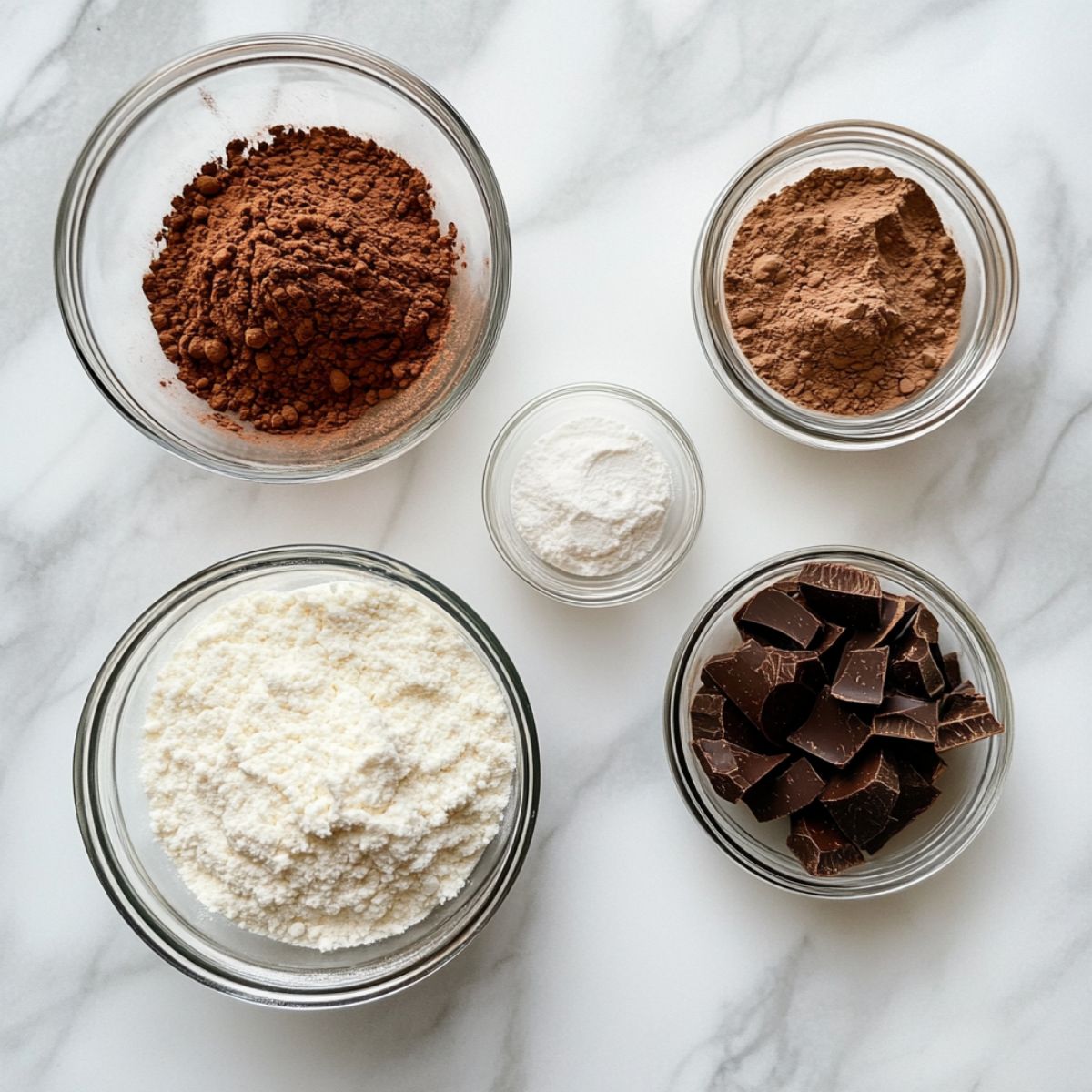 Ingredients for chocolate cupcakes recipe arranged on a white marble kitchen counter
