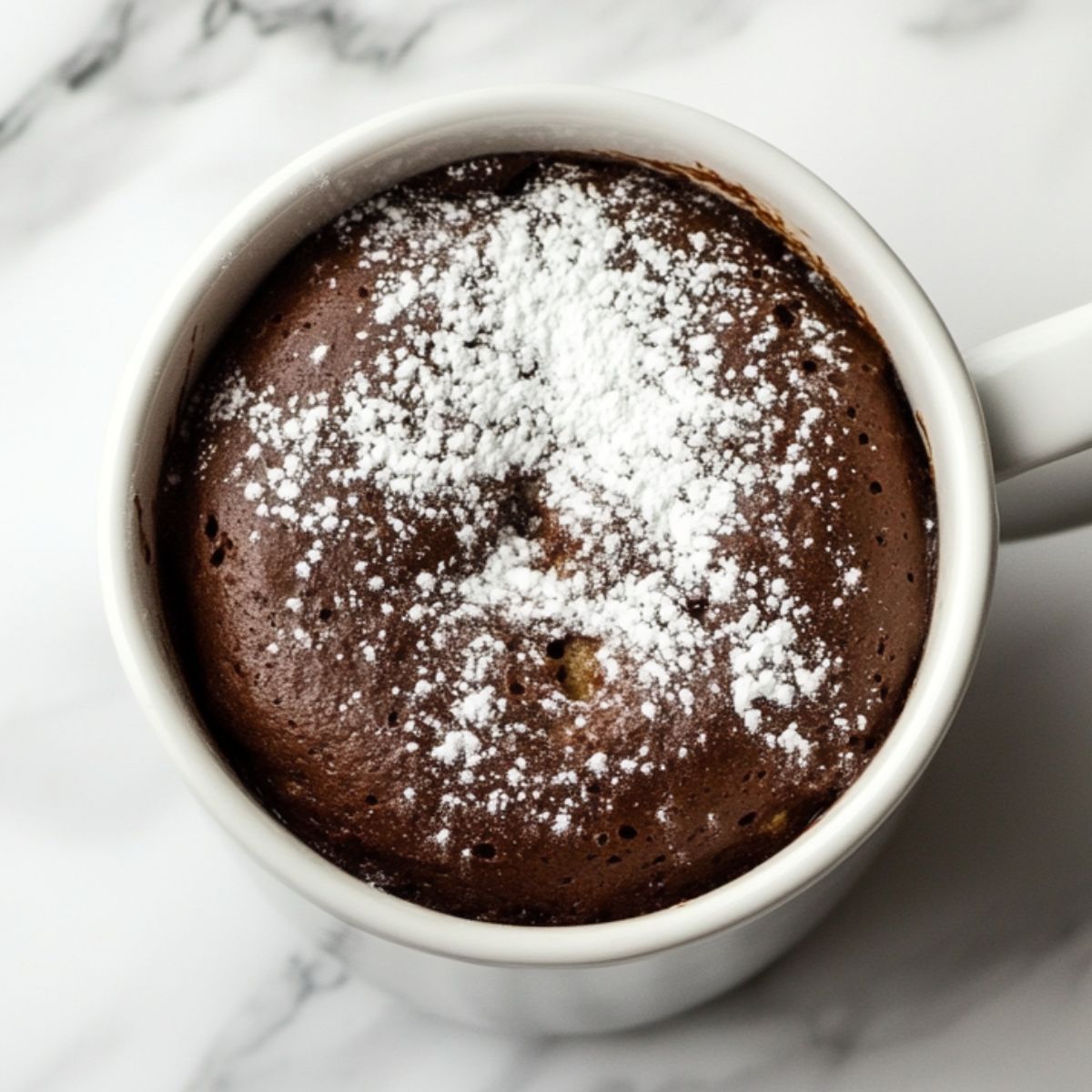 Rich and gooey chocolate mug cake recipe in a white ceramic mug on a white marble counter