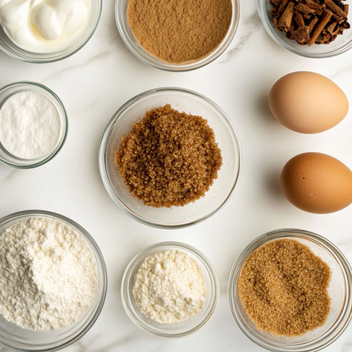 All ingredients for a homemade coffee cake laid out in glass bowls