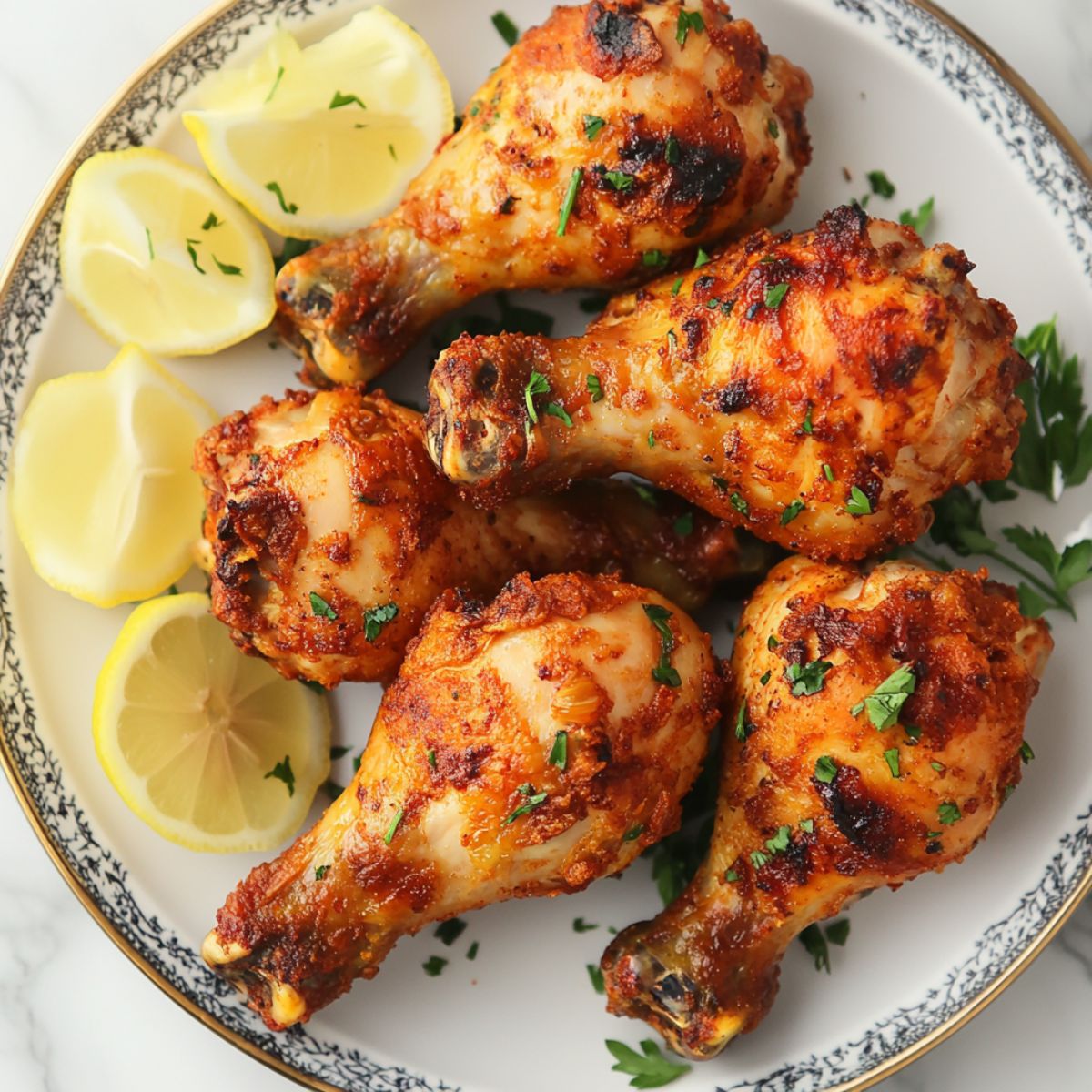 Crispy chicken drumsticks recipe on a warm plate with lemon wedges in a cozy kitchen setting.
