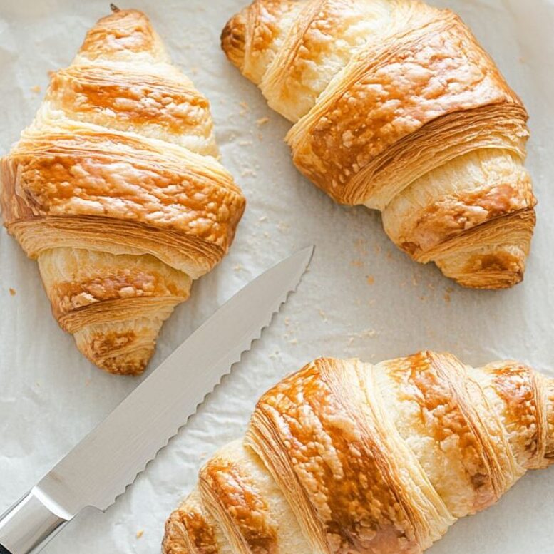 Ham, Swiss cheese, croissants, mustard, and butter ingredients on a white counter