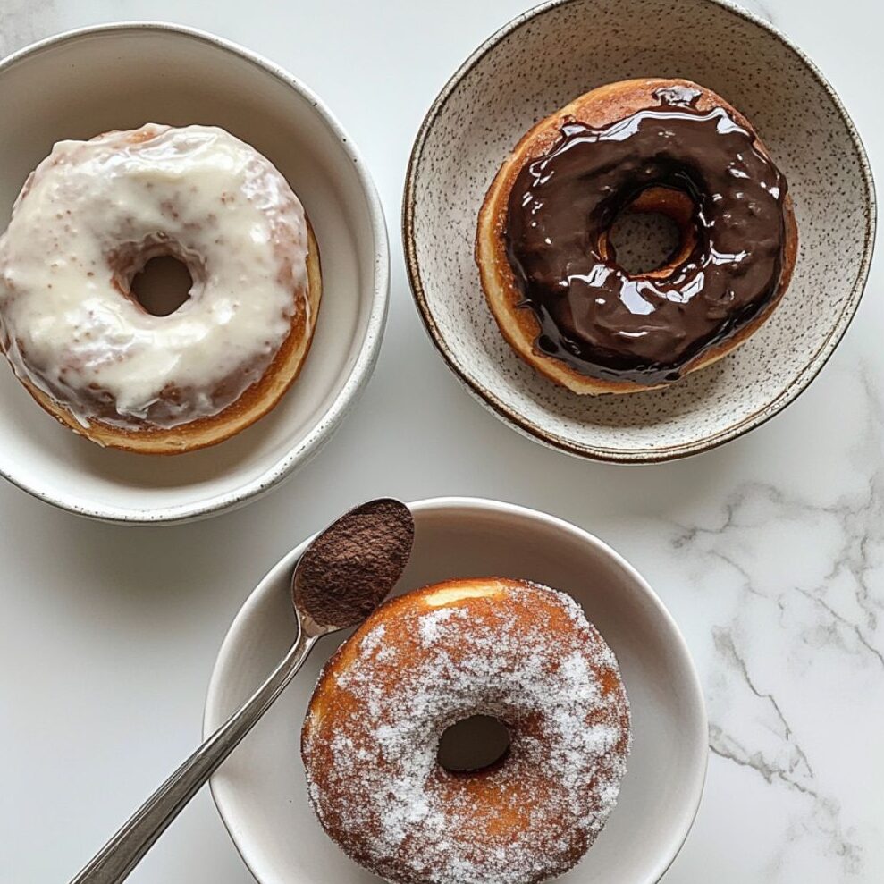 Three bowls of vanilla, chocolate, and cinnamon sugar glaze with donuts ready to be coated.