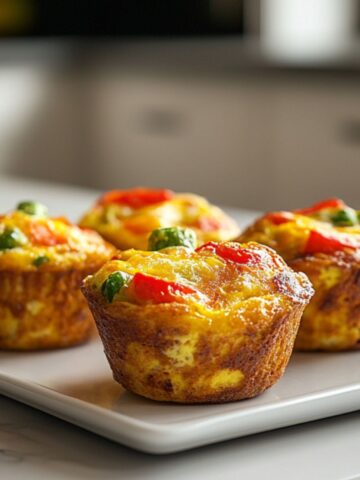 A batch of homemade egg muffins recipe with cheese and vegetables on a white marble kitchen counter.