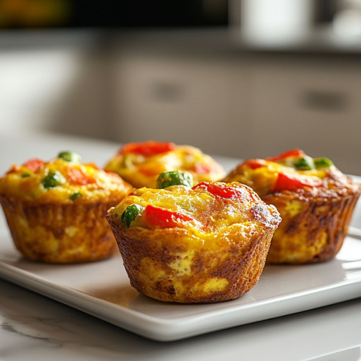 A batch of homemade egg muffins recipe with cheese and vegetables on a white marble kitchen counter.