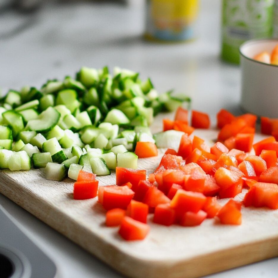 Chopping vegetables and preparing ingredients for egg muffins on a white marble kitchen counter.