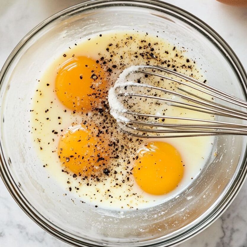 Whisking eggs with seasonings in a glass bowl on a white marble kitchen counter