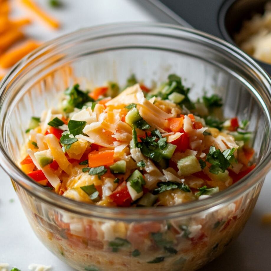 Adding vegetables and cheese to an egg mixture in a glass bowl, preparing to pour into muffin tin.