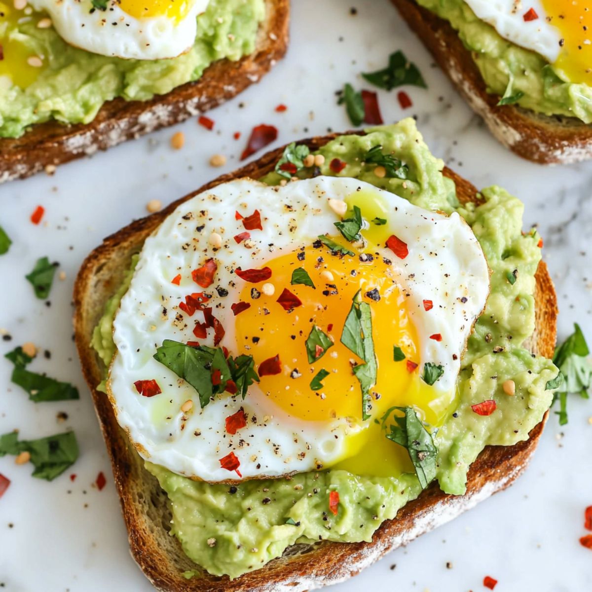 Avocado Toast with Poached Egg Recipe on a white marble kitchen counter