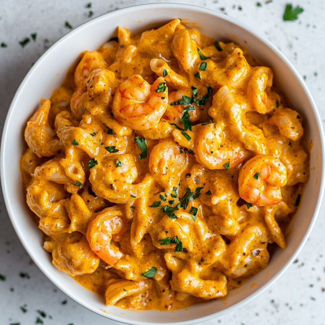 Creamy cajun shrimp pasta served in a bowl with shrimp and herbs on top.