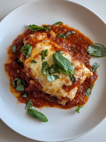 Chicken parmesan recipe served with marinara sauce, melted cheese, and basil